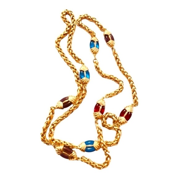 Chunky gold tone necklace with colorful glass stones - Picture 2 of 6